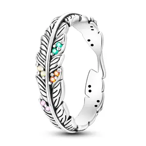 Feather Ring 925 Sterling Silver, Antiqued Feather Design, Colorful Accents For Nature Jewelry, For Stackable Jewelry Lovers, Everyday Wear Women's Rings