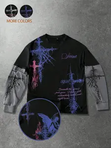 Unisex style, dark Gothic design, Gothic thorn-like rune Graphic pattern print, autumn and winter mixed-fabric, vintage style T-shirt, Long sleeve tops, 2000s style, suitable for streetwear, casual wear, outdoor activities etc, Fashion