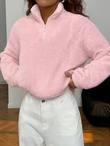 Women's Fleece Lamb Wool Sweatshirt, Quarter Zip Long Sleeve, Winter & Fall Casual Outerwear, Cute Girls' Heart Design