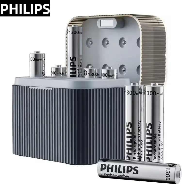 PHILIPS 8-Pack AAA Rechargeable Lithium Batteries with Charger, 1300mWh High Capacity 1.5V AAA Batteries, Long-Lasting Rechargeable AAA Lithium-Ion Batteries with Integrated Charging Storage Box