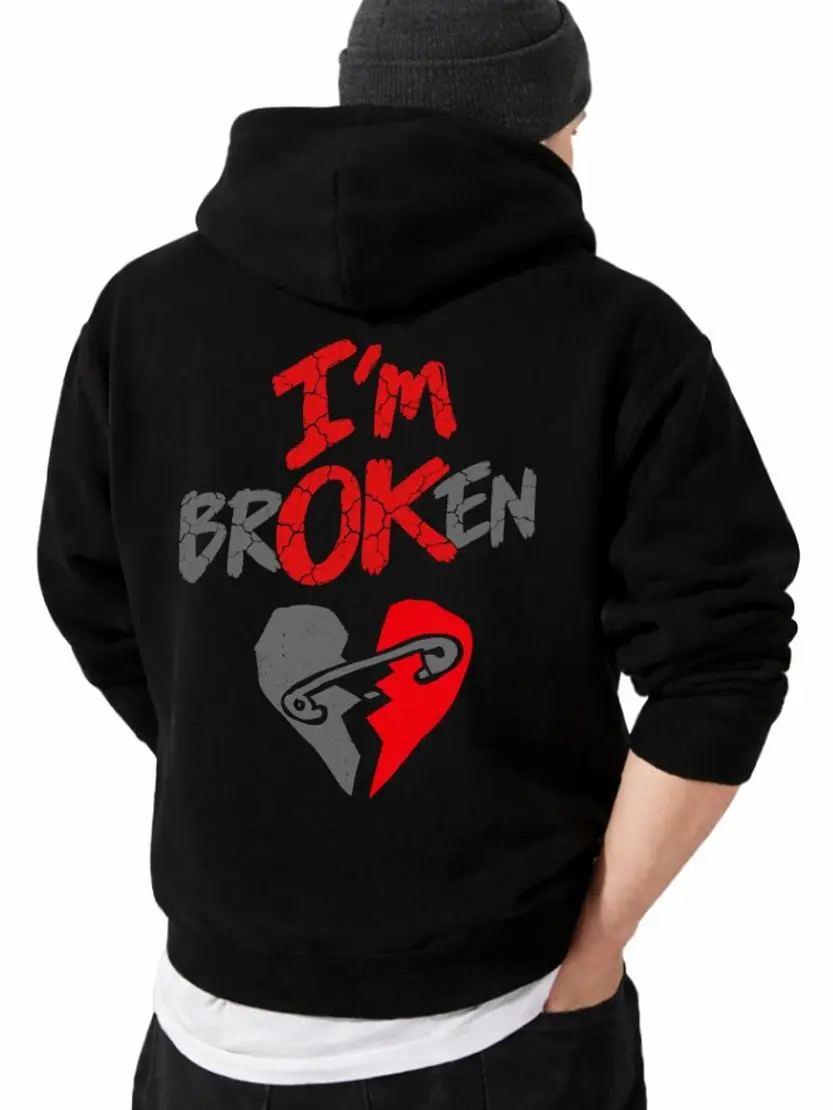 I'm Broken T-Shirt, Dark Hoodie, Broken Emoji&Skull Sweatshirt, Menswear, Casual Streetwear, Unisex Sweater Pullover Teenswear