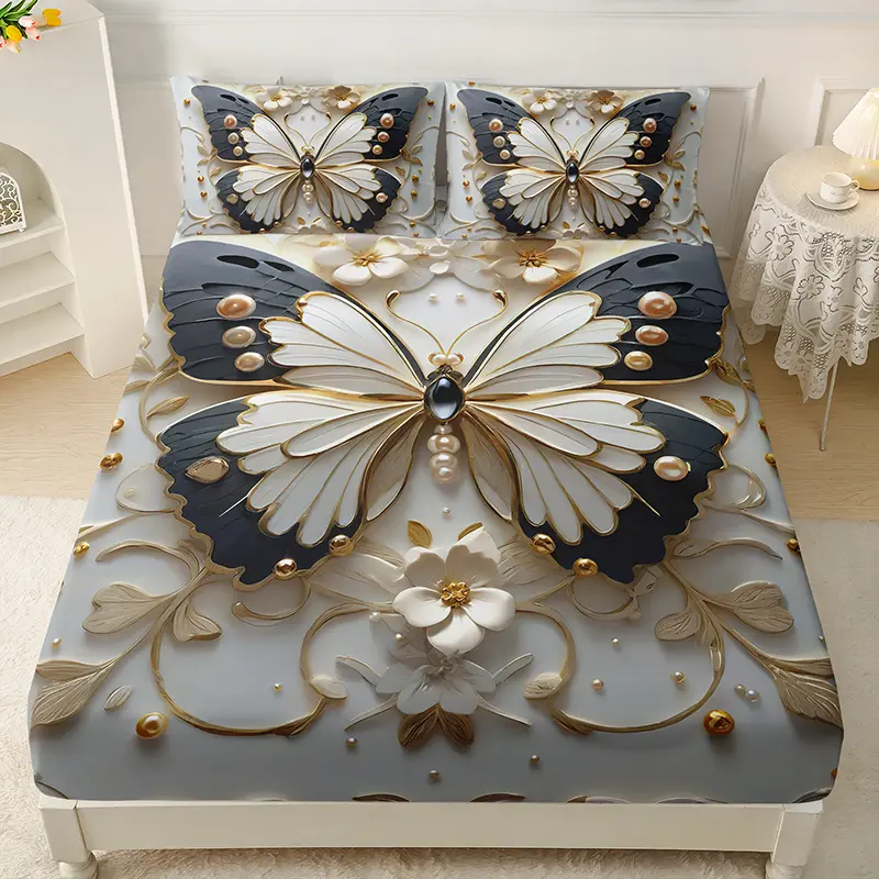 Luxury 3-Piece fitted Sheet Set with Butterfly and Jewelry Elements (1 Fitted Sheet + 2 Pillowcases without Inserts), Home Dormitory HD Digital Printing Organic Cotton Grounding Sheets Bamboo Cooling Decorative Bedding Set
