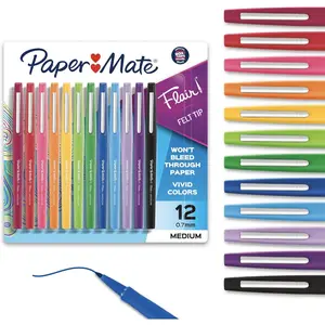Paper Mate Flair Felt Tip Pens, Medium Point (0.7mm), 12 Count - For Arts & Crafts, Note-Taking, Journaling, School Supplies for Teachers & Students