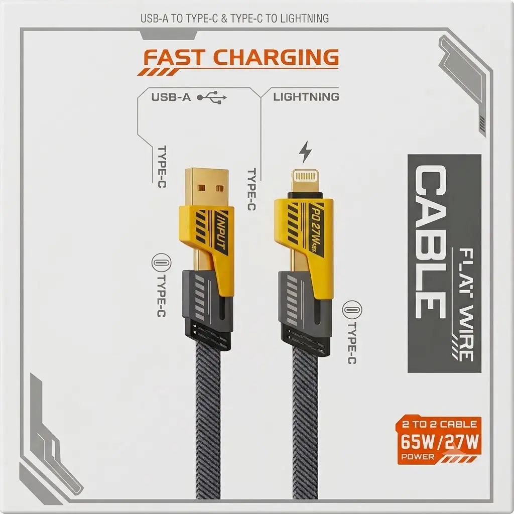 Fast Charging 4-in-1 Flat Wire Cable Type-C to USB-A & Type-C to Lightning High Speed Charging
