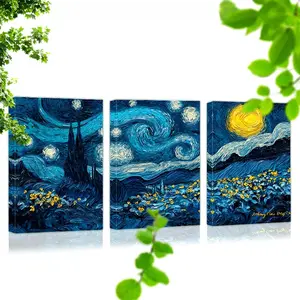 3-Piece Set, Van Gogh Starry Night Canvas Wall Art, Framed and Ready to Hang, Whimsical Sky Design, Ideal for Home, Restaurant, Bedroom, Living Room Decor
