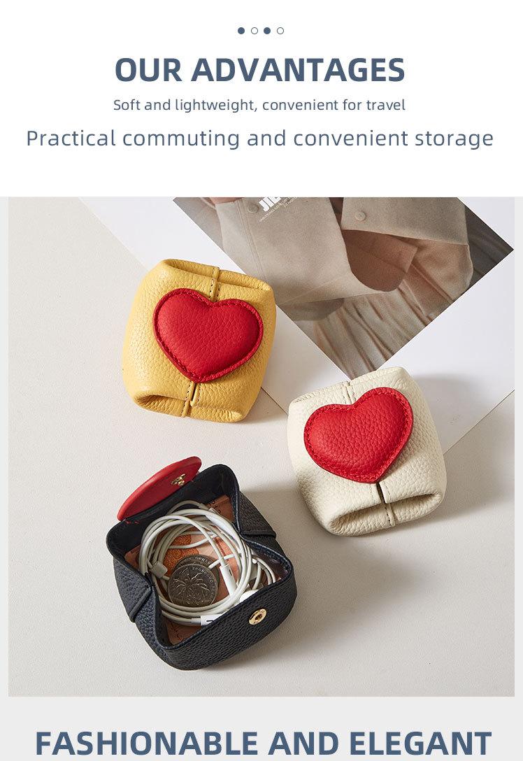 Mini Lychee Pattern Cowhide Heart Coin Purse, Solid Color Buckle Key & Earphone Storage Bag, Color-Block Leather Change & Jewelry Pouch for Daily Use