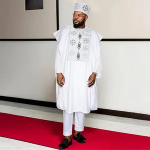 3 Pieces African Clothes for Men Dashiki Robe Embroidery Tops Pants and Hat Suits Bazin Muslim Wedding Party Clothing 2026