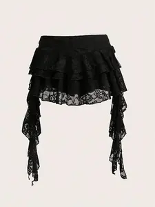 Low Waist Casual Lace Wave Hem Fitted Mini Skirt, Stylish Summer Skirt for Women, Perfect for Everyday and Casual Occasions