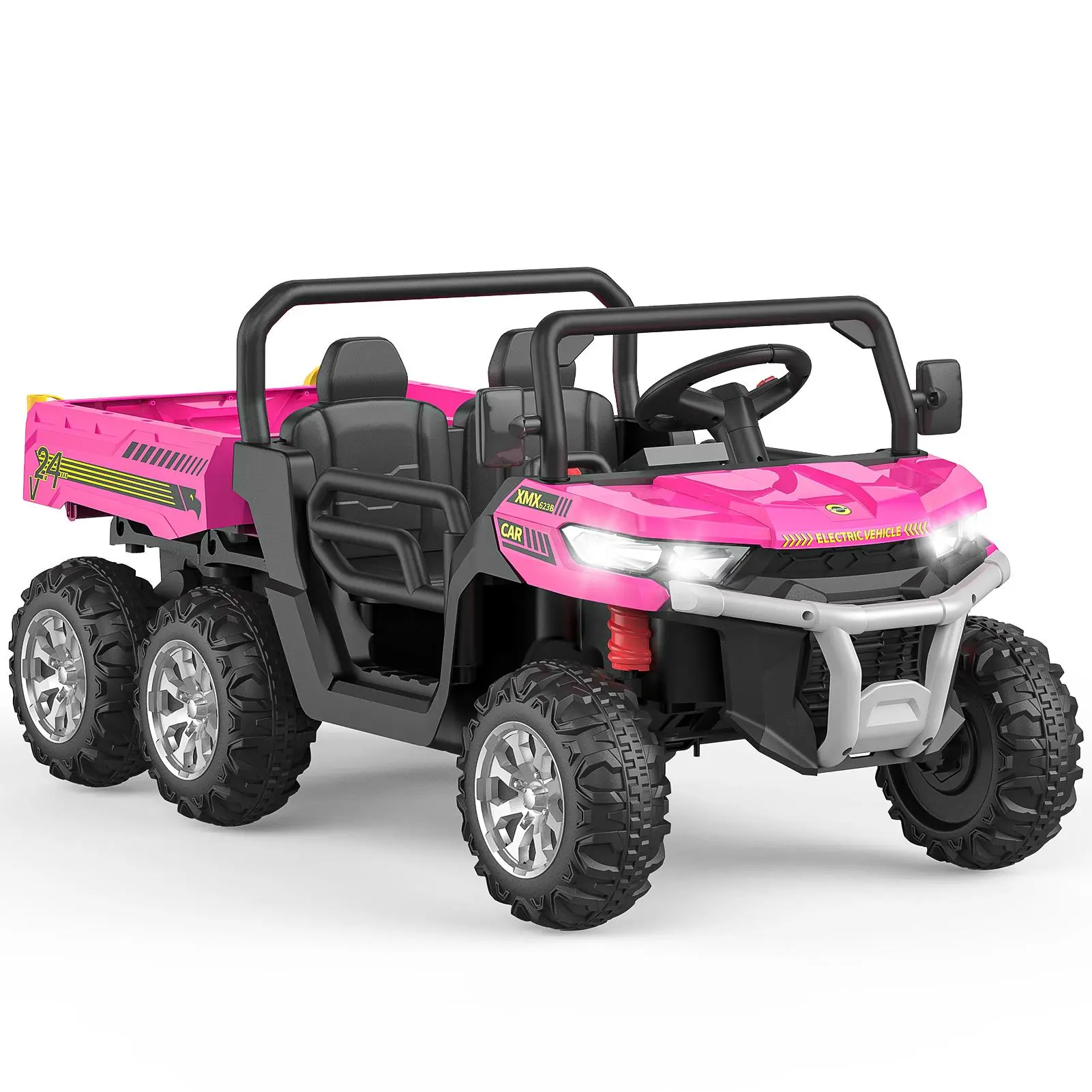 GAOMON Pink 24V Kids Battery-Powered Electric Tractor Truck, 6-Wheel Ride-On Car with Tipping Bucket, Remote Control, LED Lights & Music, Ideal for Birthdays & Children’s Day