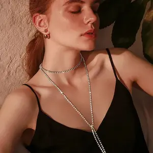 Rhinestone necklace, shiny tassel long necklace, evening dress clavicle chain, zircon high-end multi-layer necklace