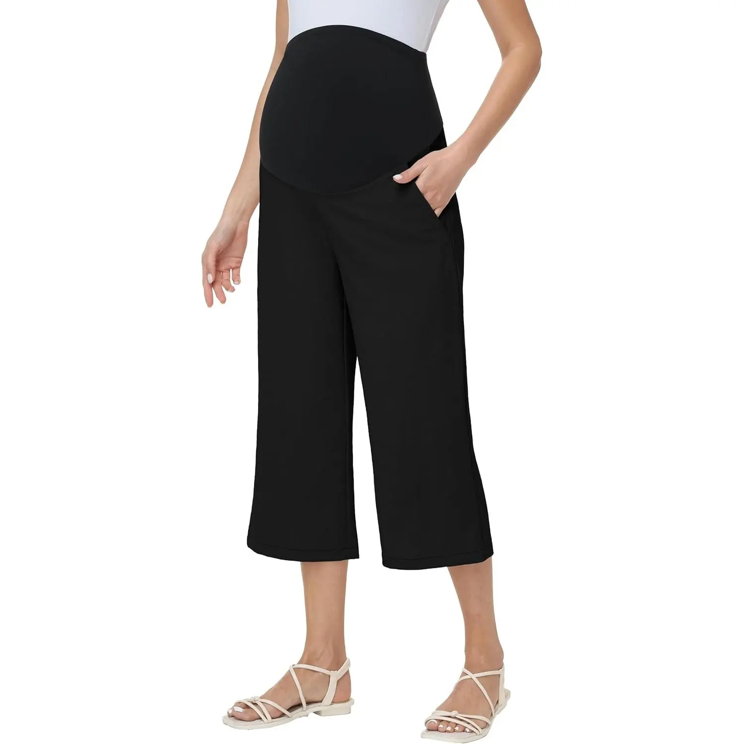 Maternity Wide-Leg Capris, Women's Casual Stretchy Cropped Lounge Trousers with an Over-Belly Panel and Pockets