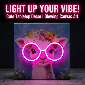 Cute Animal Neon Wall Art Canvas | Kawaii Desk Decor & Cozy Room Decor | Battery Operated LED Light Up Painting 6H Timer | Aesthetic Night Light Picture for Bedroom | Perfect Gift for Teen Girls | Frameless Glowing Art 7.9"x7.9"x1.6"