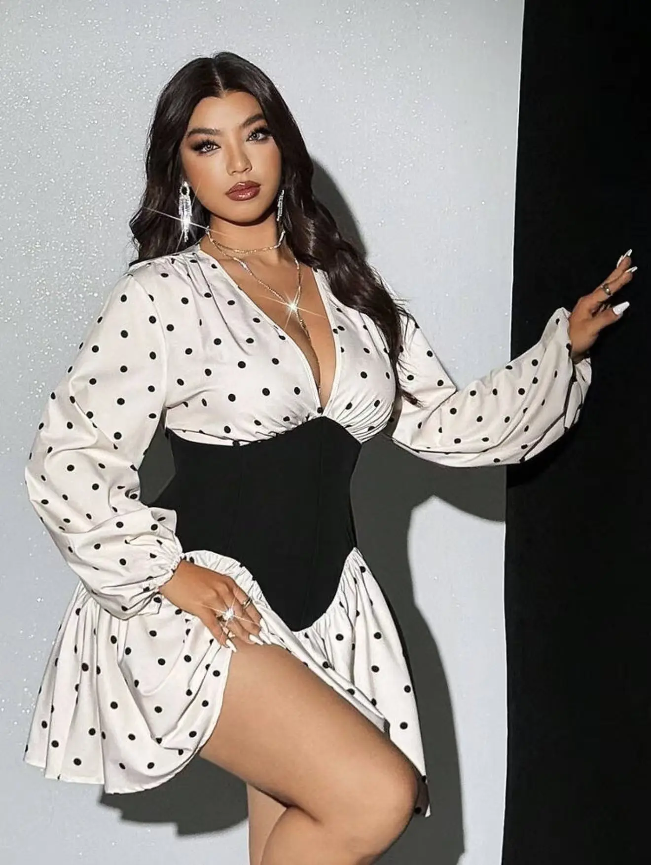 Plus Size Women's V-Neck Long Sleeve Dress Waist-Cinching Polka Dot Print Bodycon  Casual Spring Autumn Retro Fashion Sexy Black Patchwork Dress