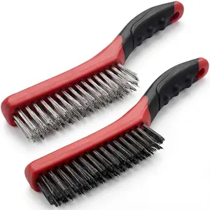 Heavy Duty Wire Brush Set 2 count, Carbon Steel and Stainless Steel Wire Scratch Brush with 10" Curved Plastic Handle for Cleaning Rust, , Welding