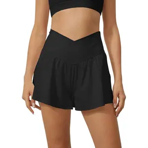 Women Crossover Shorts Flowy Athletic Butterfly 2 in 1 Shorts with Pocket High Waist Running Workout Skorts