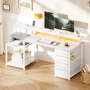 ODK 55 Inch Computer Gaming Desk with Power Outlets & 4 Drawers, Home Office Desk with Monitor Stand & Printer Shelves, White