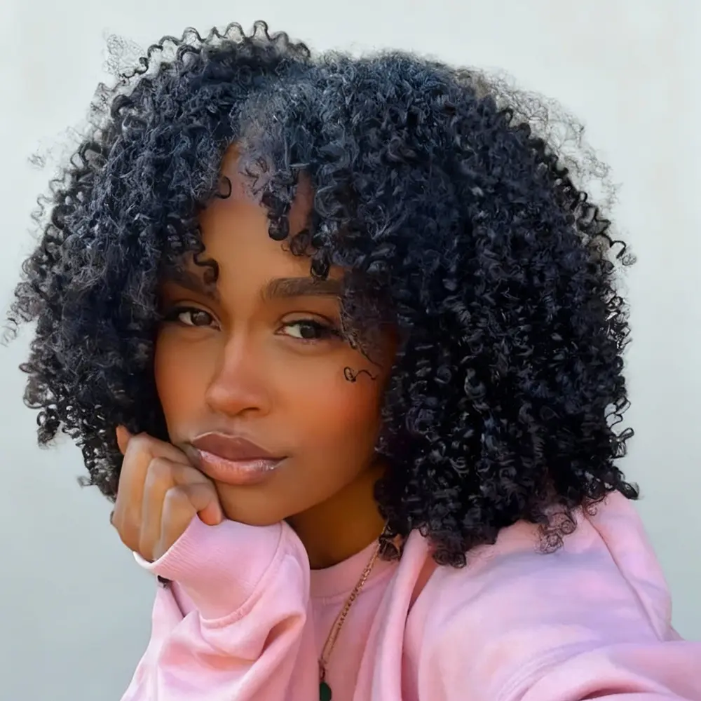 LADIARYF Afro Kinky Curly Human Hair Wig with Bangs, Full Machine-Made Glueless Closure Wig, Virgin Brazilian Piece for Natural Hair Lovers, Curly Wigs Human Hair