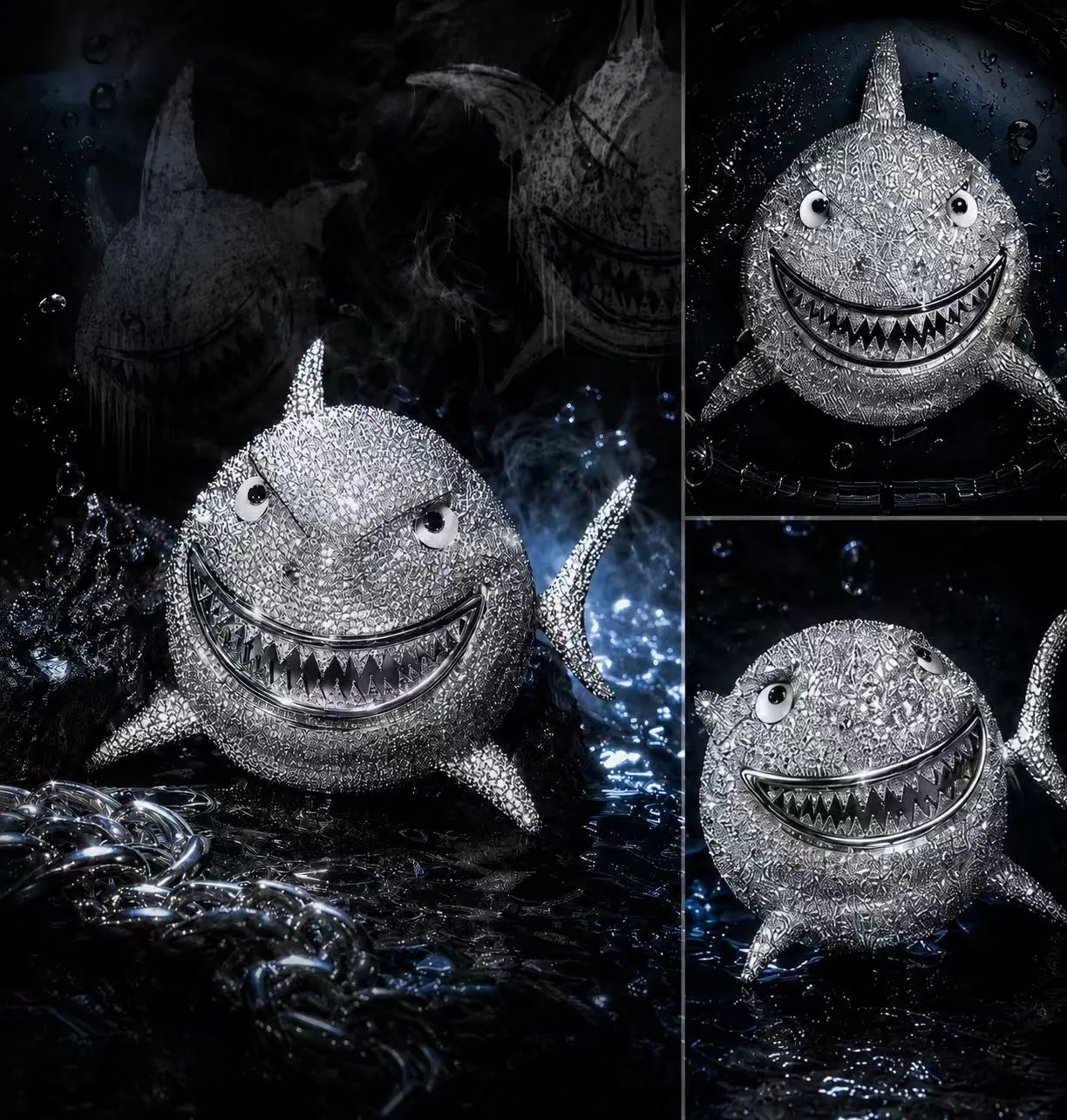 2166  Big Grinning Shark Pendant | Fully Flooded Sparkling Ocean Creature Statement Necklace for Rappers & Trendsetters tiktokshopspringglowup Dazzling Effect Bold Accessory summerwins