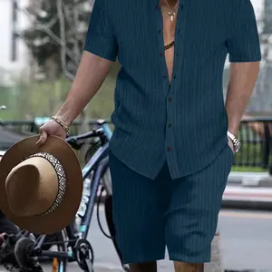 Men's solid color short sleeved shirt and shorts set, loose casual button short sleeved shirt and shirt, summer beach vacation men's two-piece set