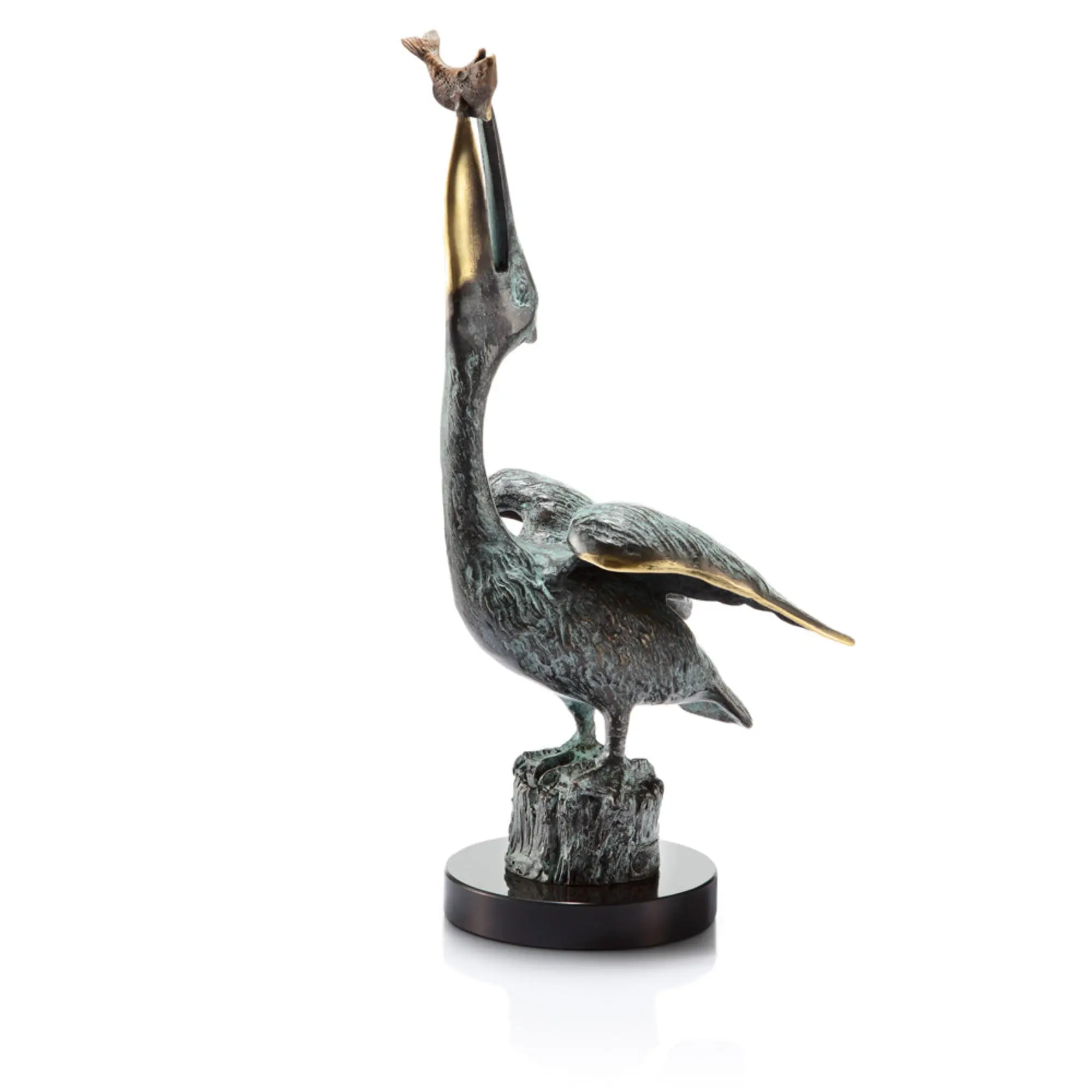 SPI Home Brass Pelican Eating Fish Sculpture – 15" Coastal Wildlife Figurine
