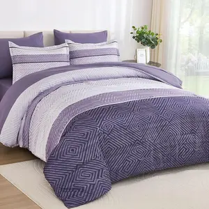 Purple Comforter Set King Size 7 Piece Bed in a Bag, Boho Striped Bedding Set, Soft Microfiber Comforter and Sheet Set for All Season (King, 104"x90")
