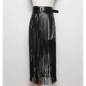 Women Ladies Fashion Clubwear Leather Buckles Gothic Punk Long Fringe Tassel Skirt Belt Nightclub Costume Cosplay Parties Skirts