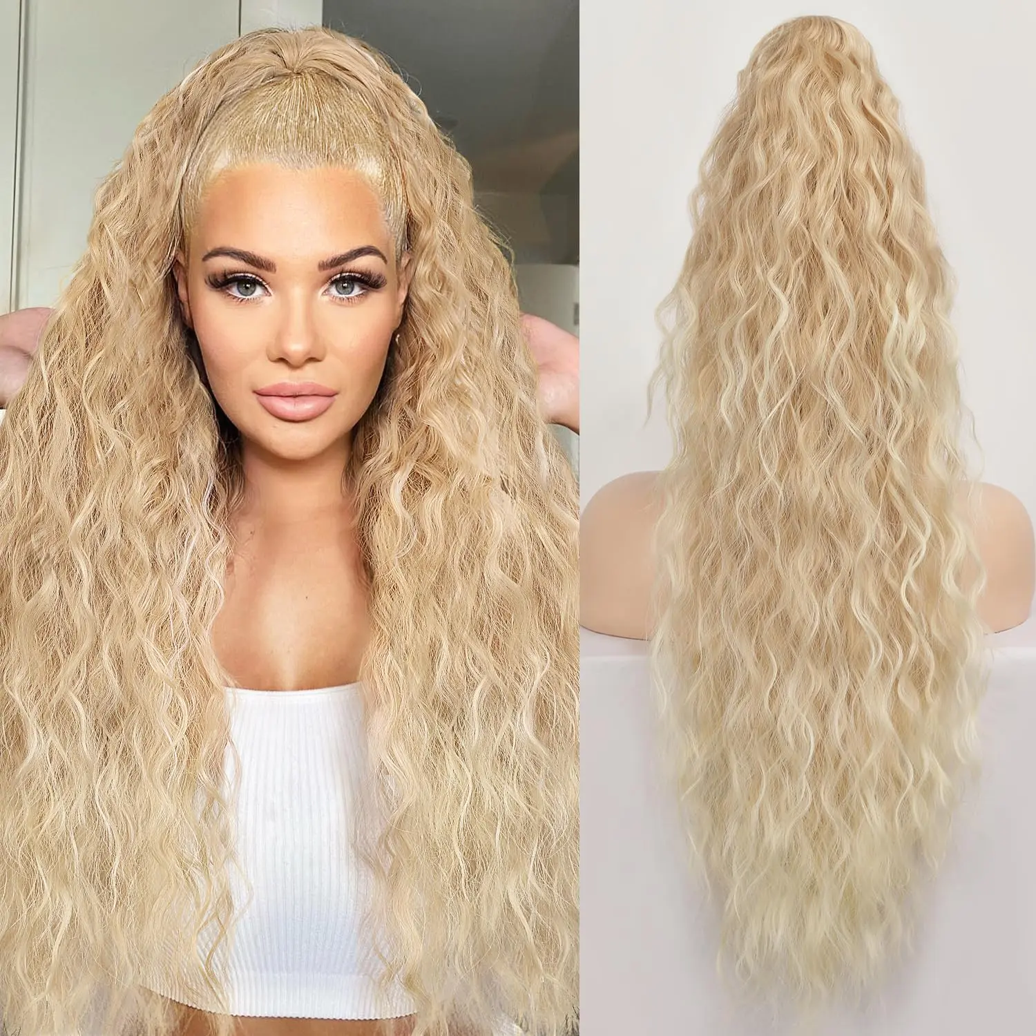 Women's 30-Inch Synthetic Drawstring Ponytail Extension, Wavy Curly Brown Hairpiece for Daily Style & Glamorous Looks, Synthetic Wavy Curly