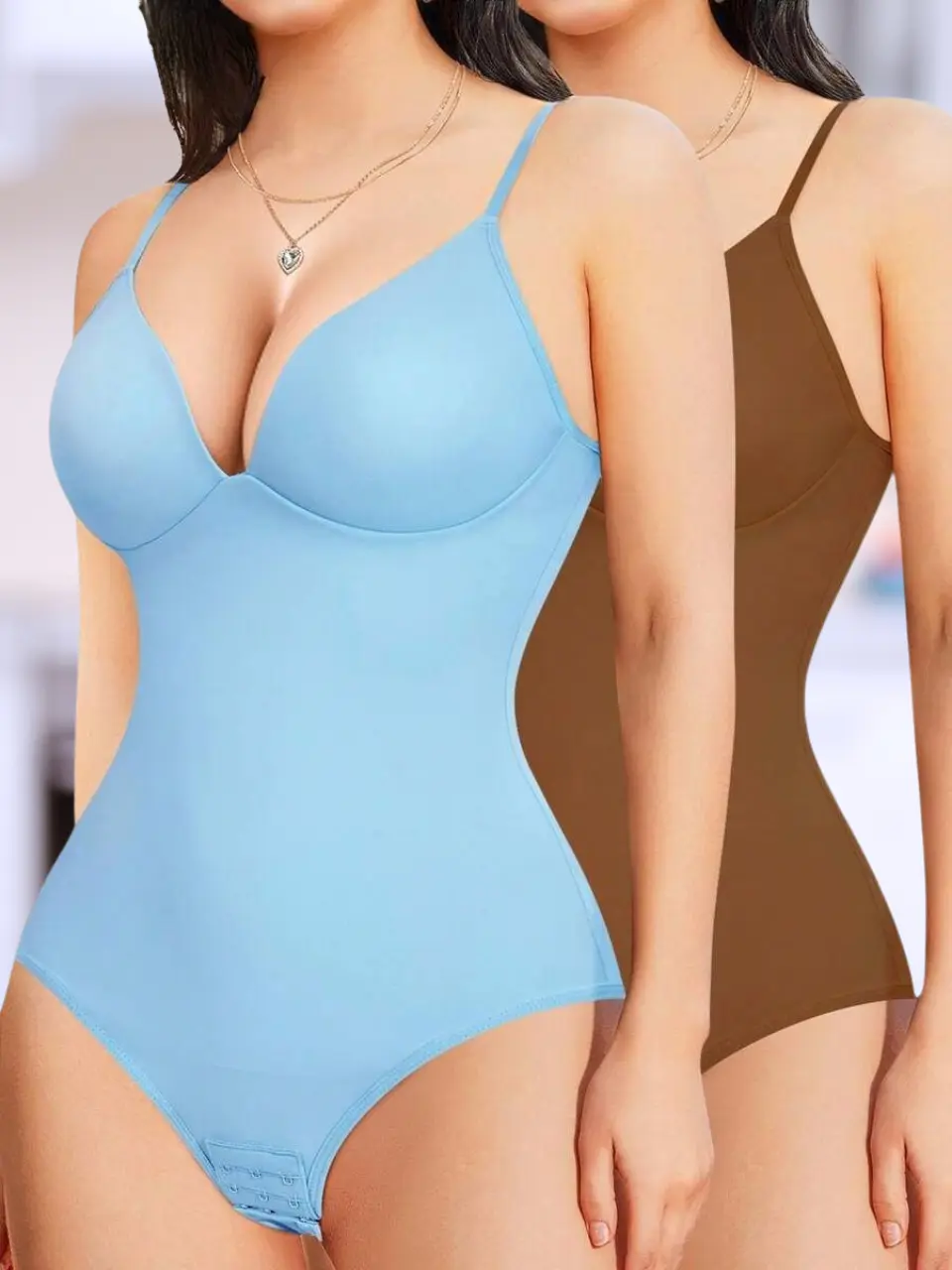 2-Pack Slimming Bodysuits With Bra – Tummy Control Deep Plunge Shapewear For Women Fabric Womenswear