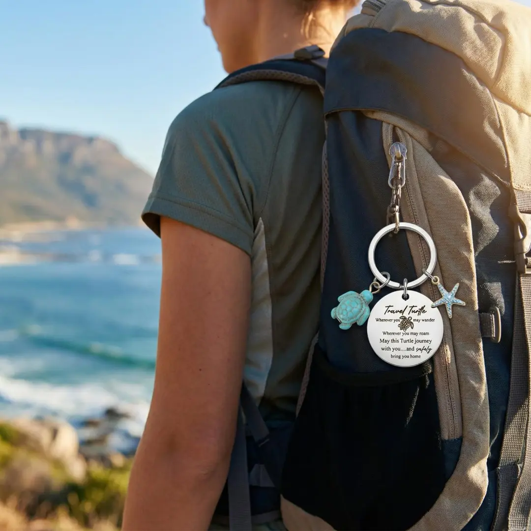Coastal Turtle Starfish Keychain in Stainless Steel, Unisex Inspirational Charm with Engraved Blessings, Meaningful Travel Gifts, Split Rings, Coastal Vibe, Anti-Fade Metal, Ocean Themed Stuff, Blessed Message, Engraved Text, Marine Look