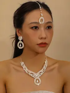 Elegant Water Drop Pendant Necklace Set, Rhinestone Earrings & Forehead Decor, Wedding Banquet Dress Accessories