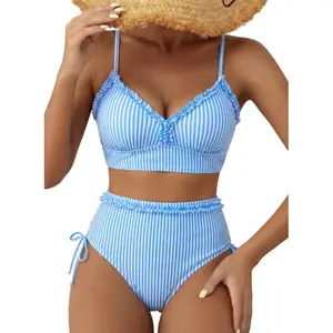 New Women's Patchwork Ruffle Decorative Bikini Set Side Tie Swimsuit High-Waist Swimwear