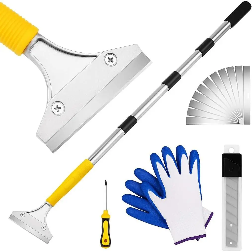 Heavy Duty Adjustable Long Handle Floor Ceiling Scraper - 5.4 ft (164 cm) Handle, 4-in Razor Blades, 41-in Blade Option, Gum Tile & Paint Removal, Window Glass Cleaning Tool