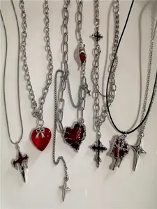 6pc Punk Gothic Heart Necklace Set, Star Cross Pendant, Unisex Hip Hop Jewelry, Party Accessories, Festival Gift, Punk Style Necklace
