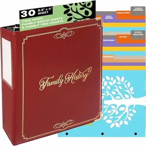 Family History Binder, 3 Inch Genealogy Ring Binder Includes 30 Two Sided Large Family Group Sheets, 8.5 x 11 Inch Printed Paper with Blank Charts, Three-Hole Punch and Pen Loop