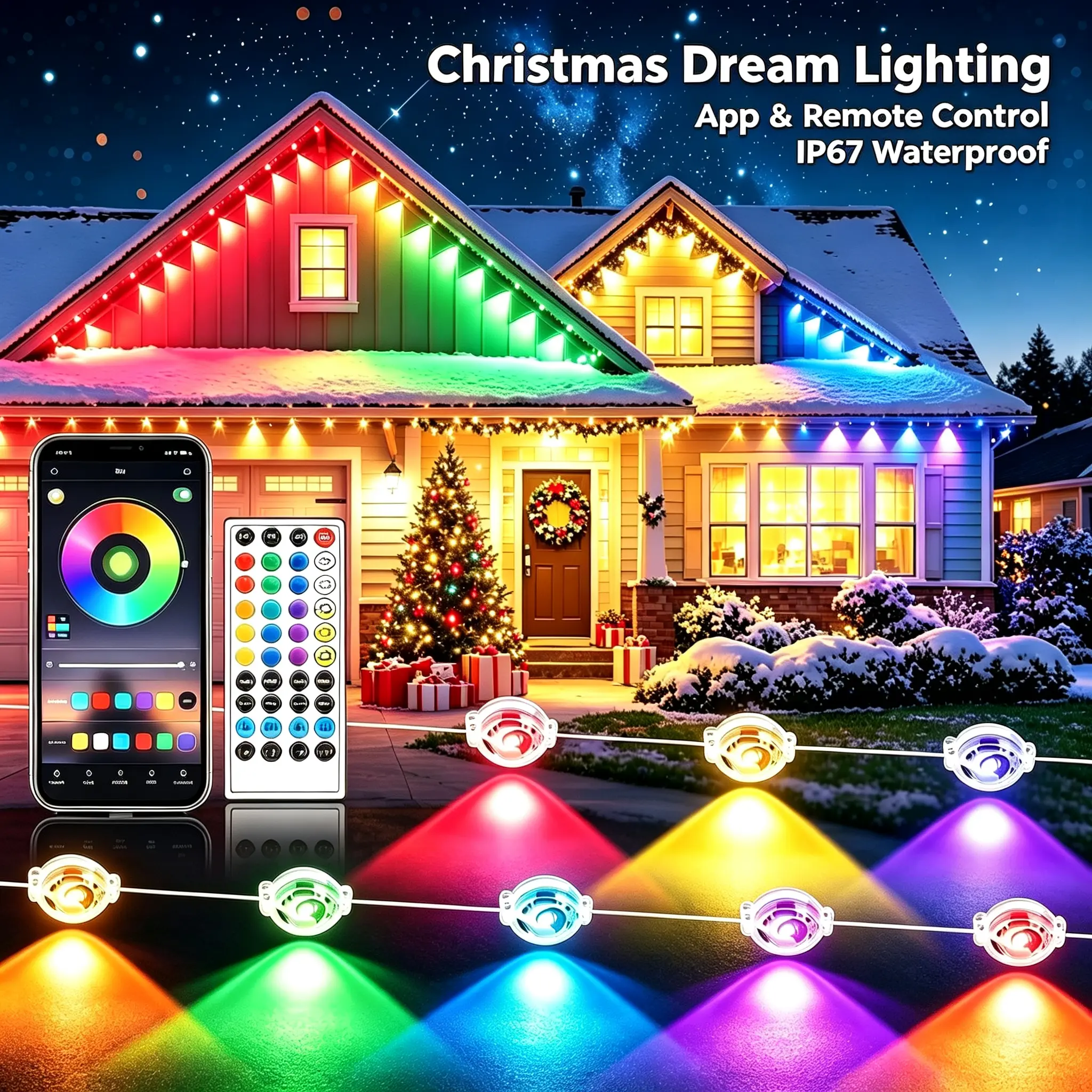 RGB Smart Permanent Outdoor Eaves LED Festive Lights, App & Remote Control, IP67 Waterproof Silicone, Dynamic Effects, Multiple Lengths, Year-Round Home Roof Christmas Decor