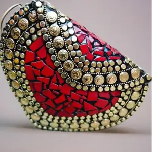 Handmade Mosaic Metal Clutch Bag with Red and Gold Accents - Unique Design for Evening Events & Daily Use