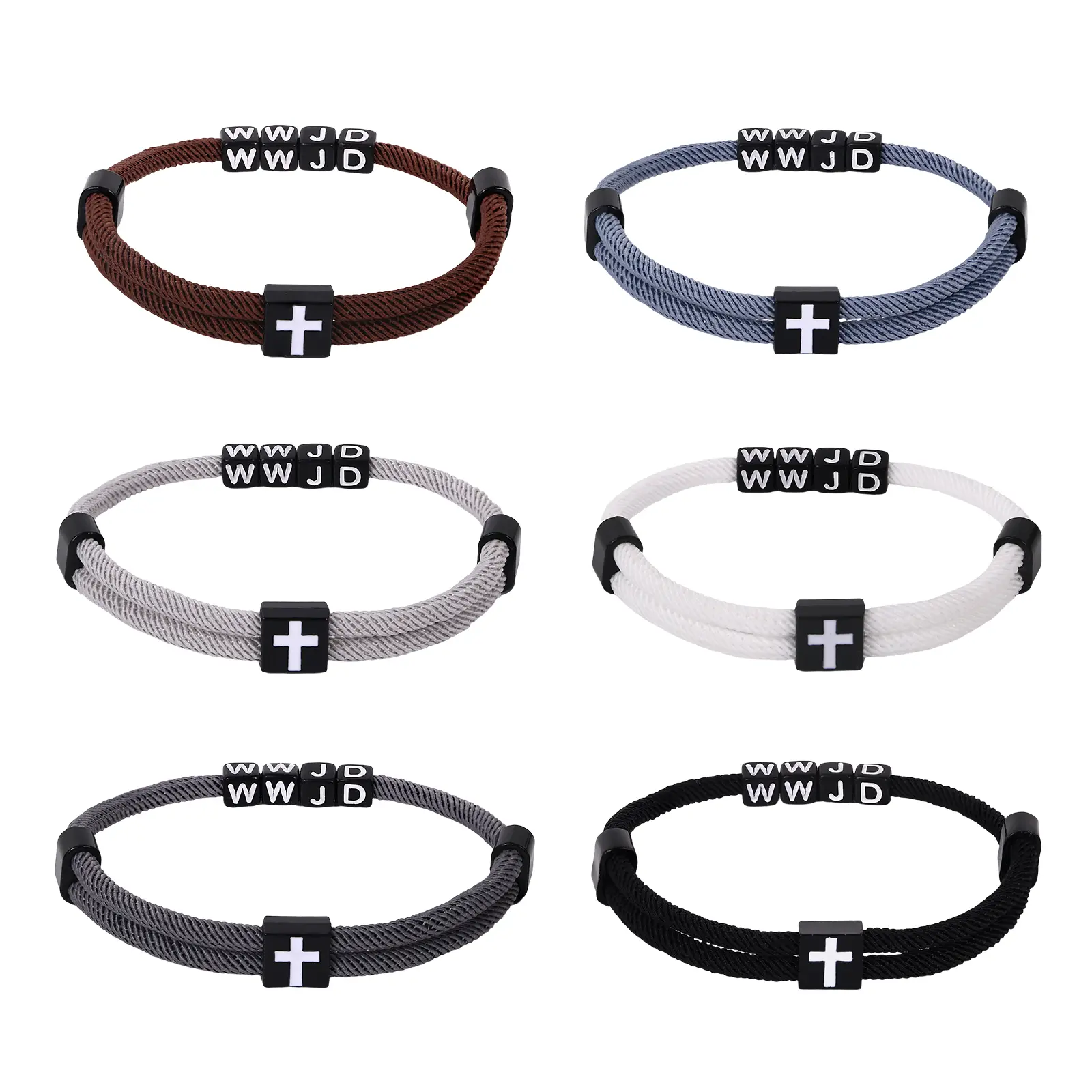 OIDEA Adjustable WWJD Cross Resin Rope Beads Bracelets (Set of 6) - Assorted Color Religious Christian Unisex Casual Wristbands, Sliding Closure, Fits Most Wrist Sizes, for Easter Baskets, Christmas Bulk Gifting, Bracelet Stack, Loop-And-Button, Size Adju