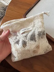 1Pc French Vintage Lace Embroidered Drawstring Bag, Apricot Coquette Cosmetic Pouch, Aesthetic Jewelry & Sanitary Napkin Organizer
