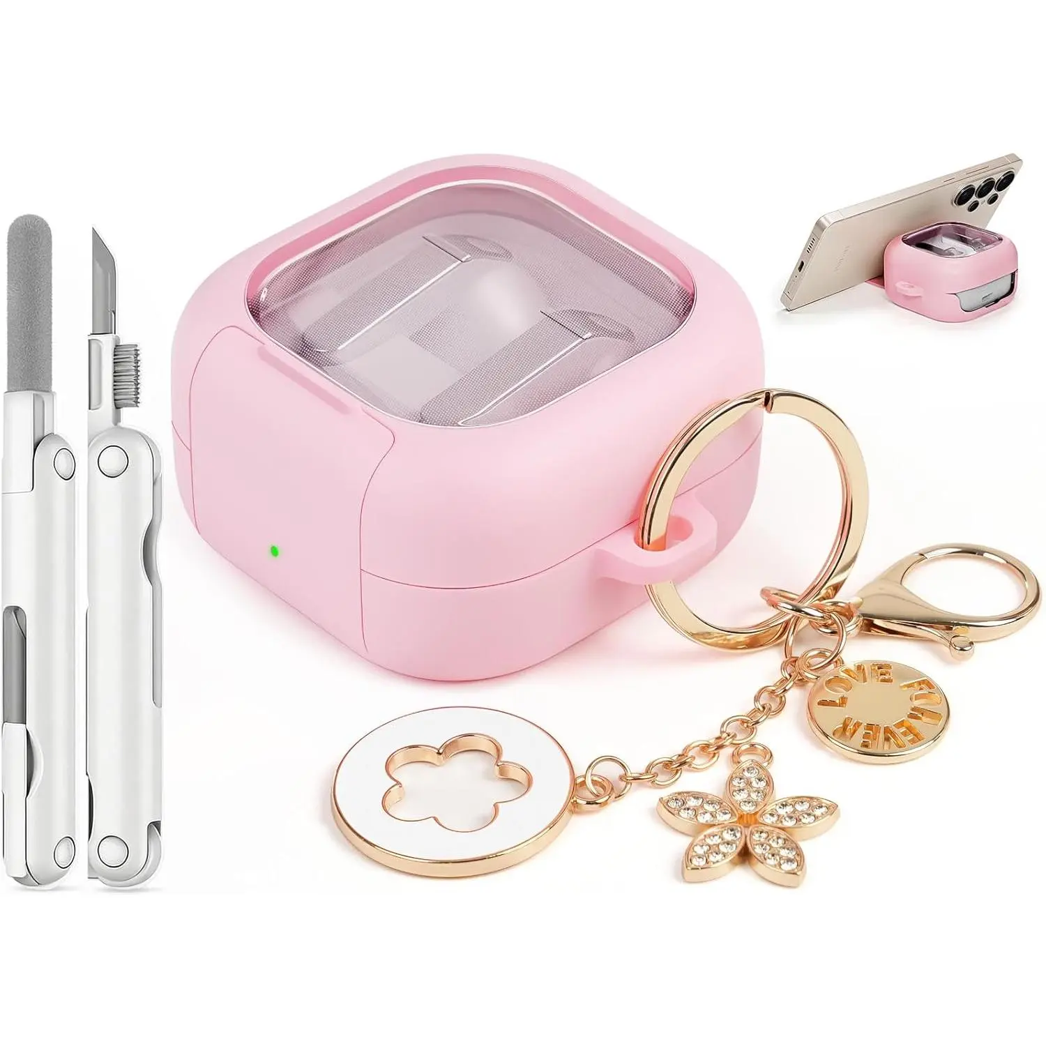 Women's TPU Case with Cute Keychain for Samsung Galaxy Buds 4 Pro/Galaxy Buds 4 (2026) - Secure Lock, Phone Stand, Cleaner Kit, Shockproof Protection for Your Device
