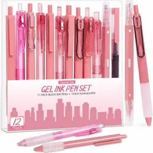 12PCS Gel Pens Set with Highlighter – 0.5mm Fine Point Black Ink, Fast-Drying Retractable Cute Aesthetic Pens for Journaling & Writing (Garnet Red)