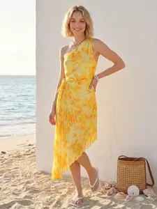 Women's Tie-Dye One-Shoulder Pleated Midi Dress, Side Drawstring Asymmetrical Hem, Flowy Summer Vacation Dress