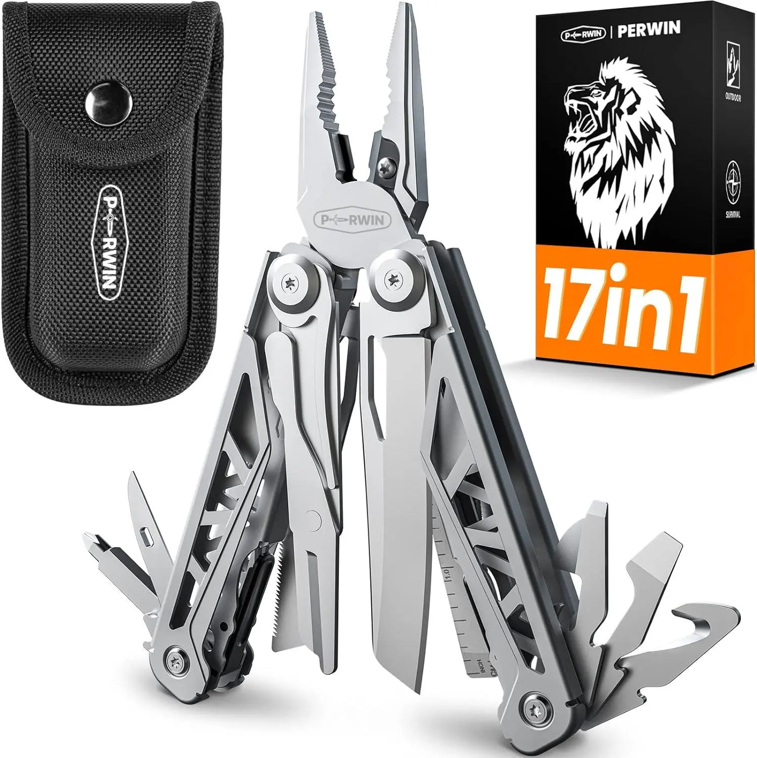 PERWIN Series 17-In-1 Stainless Steel Multitool Pliers - Self-Locking, 1-Handed Grip, Pocket Knife, Nylon Sheath, Mild Steel Cut, EDC Survival Supplies for Outdoor Enthusiasts, Men’s Gift, One-Handed Grip