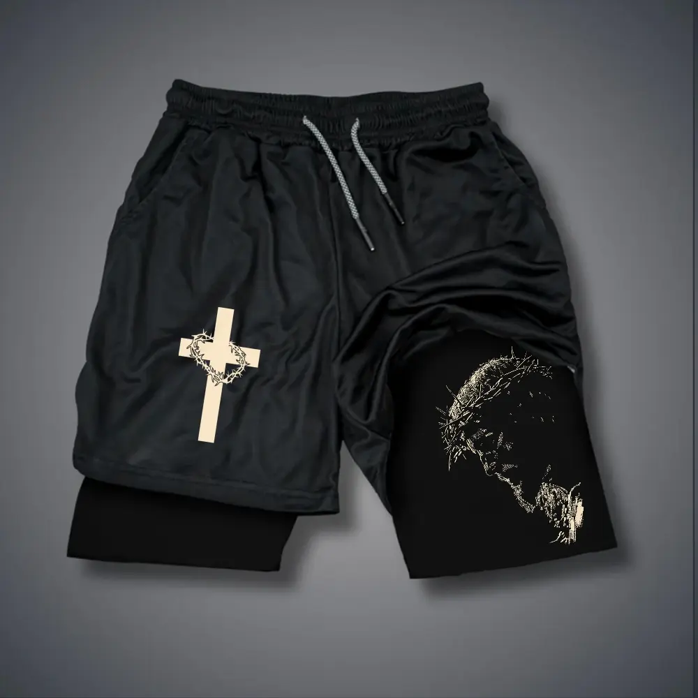 Christian Clothing Double-Layer Sports Shorts Graphic Shorts Black Shorts Camo Shorts Streetwear Shorts Men Outfits Men Short Shorts Vacation Outfits Shorts