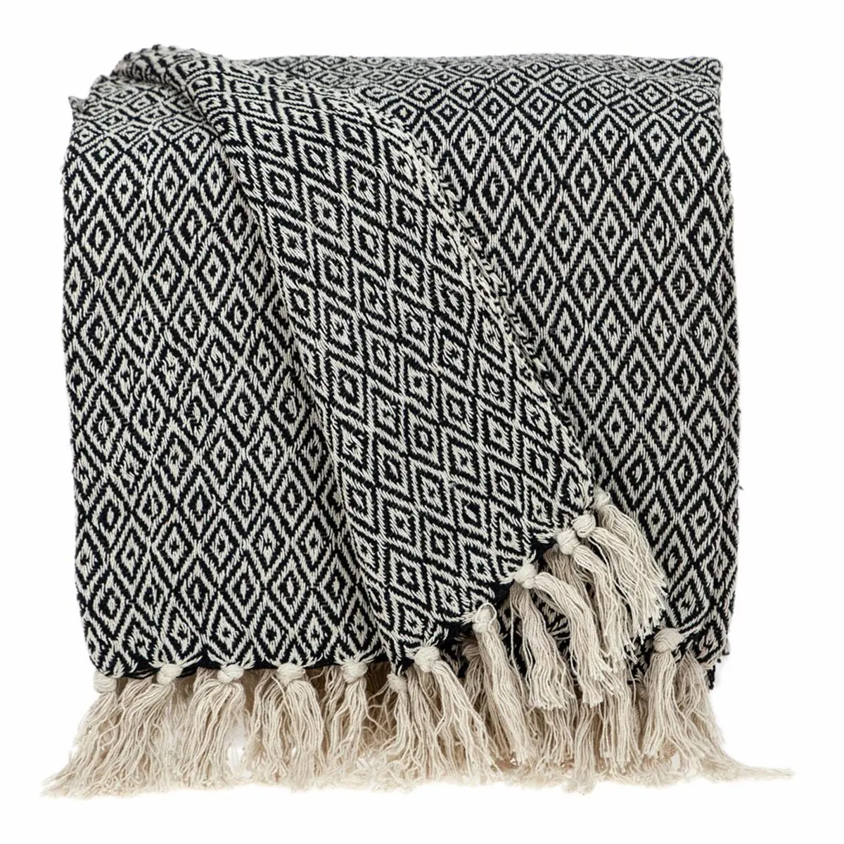 212 MAIN Boho Black & Beige Woven Diamond-Pattern Throw with Tassels - Boho Pattern, Hand-Crafted, Woven Cotton Soft Furnishing Blanket, Boho Pattern Throws, Hand-Crafted Throws