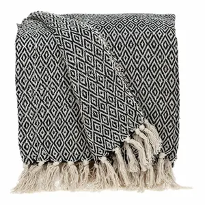212 MAIN Boho Black & Beige Woven Diamond-Design Throw with Tassels, Boho Style Textile Soft Furnishing Blanket