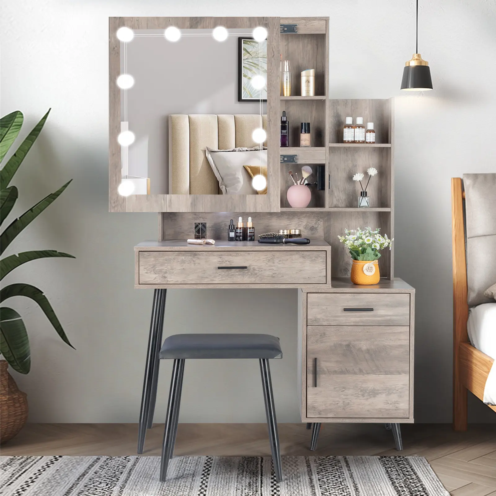 Grey Makeup Vanity Set with Particleboard Triamine Veneer, Iron Legs, 2 Drawers, 1 Door, 2 Shelves, Mirror Cabinet, 3 Bulbs, 3-Color Light Adjustment, Storage Organization, Stool, Easy Install, Large Space