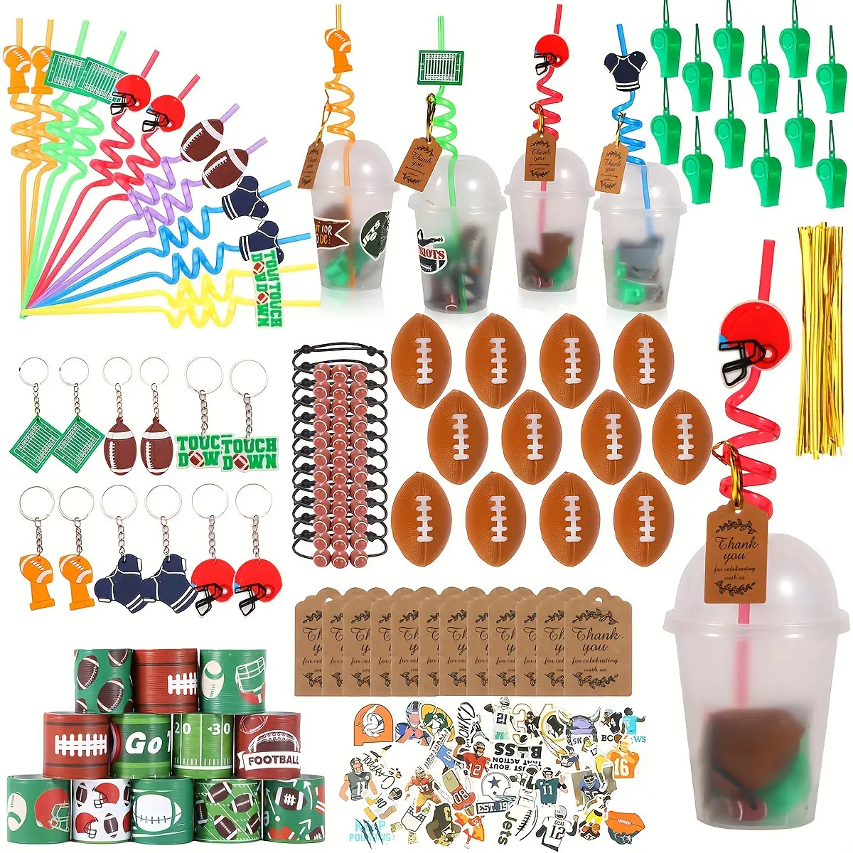 Rugby Party Favors, 158 pcs Birthday Party Supplies Includes Cups, Straws, Whistles, Slaps Bracelets, Keychains, Stickers, Mini Rugby Balls, Thank You Tags for Sport Themed Birthday Decors Gifts