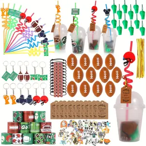 Football Party Favors, 158 pcs Birthday Party Supplies Includes Cups, Straws, Whistles, Slaps Bracelets, Keychains, Stickers, Soft Balls, Thank You Tags for Sport Themed Birthday Decors Gifts