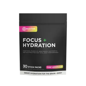 BrainTree Nutrition Focus + Hydration Pink Lemonade Flavor Nootropics Adaptogens Sugar-Free Hydration Drink Mix 30 Stick Packs for Enhanced Cognitive Function and Total Body Hydration