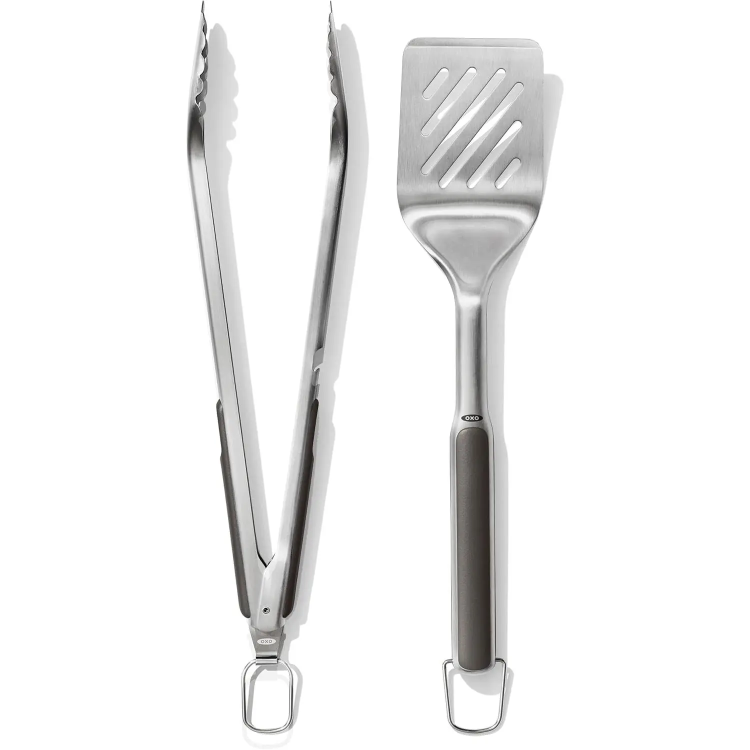 OXO Outdoor Grilling Turner & Tongs Set - Beveled-Head Spatula with Non-Slip Grip, Hanging Ring, Ideal for Camping BBQ, Sports & Outdoor Essentials